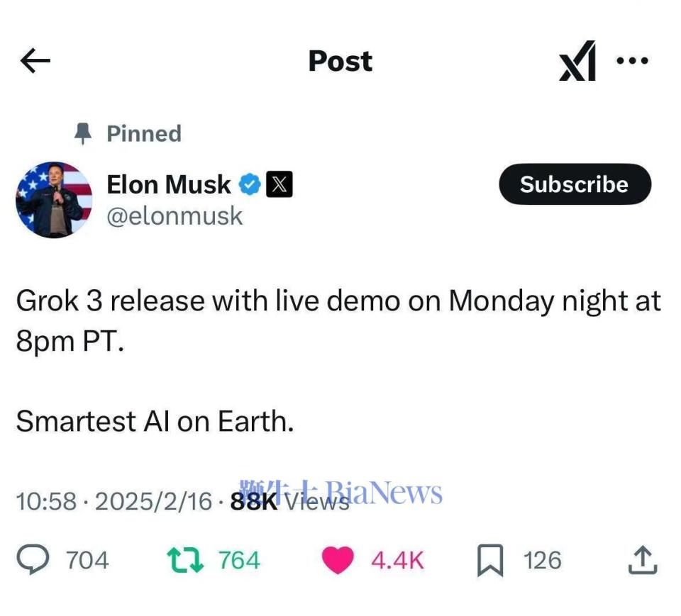马斯克:Grok 3大模型将于太平洋时间周一晚8点发布,进行现场演示