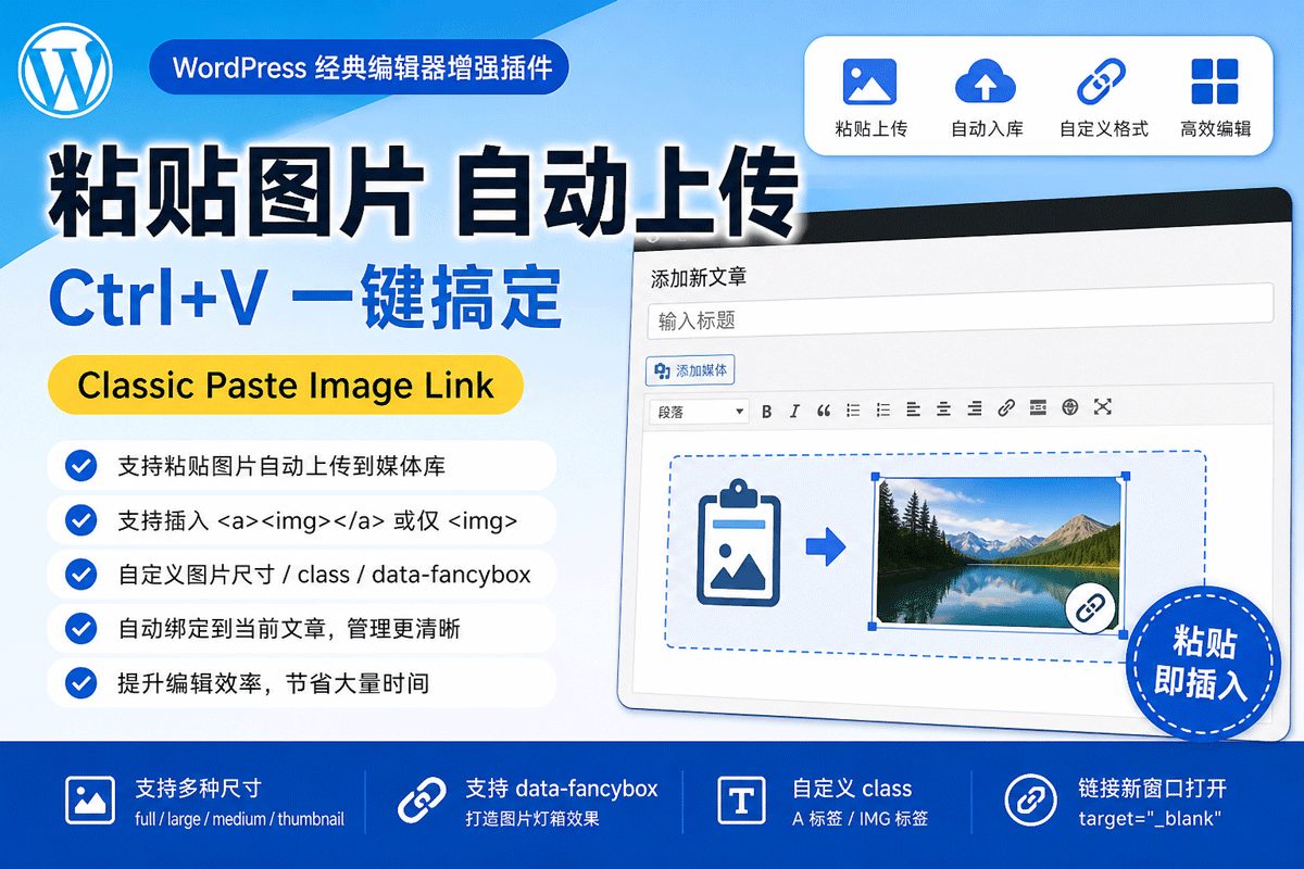 WordPress编辑器复制粘贴图片Ctrl+V自动上传插件Classic Paste Image Link，提升内容编辑效率