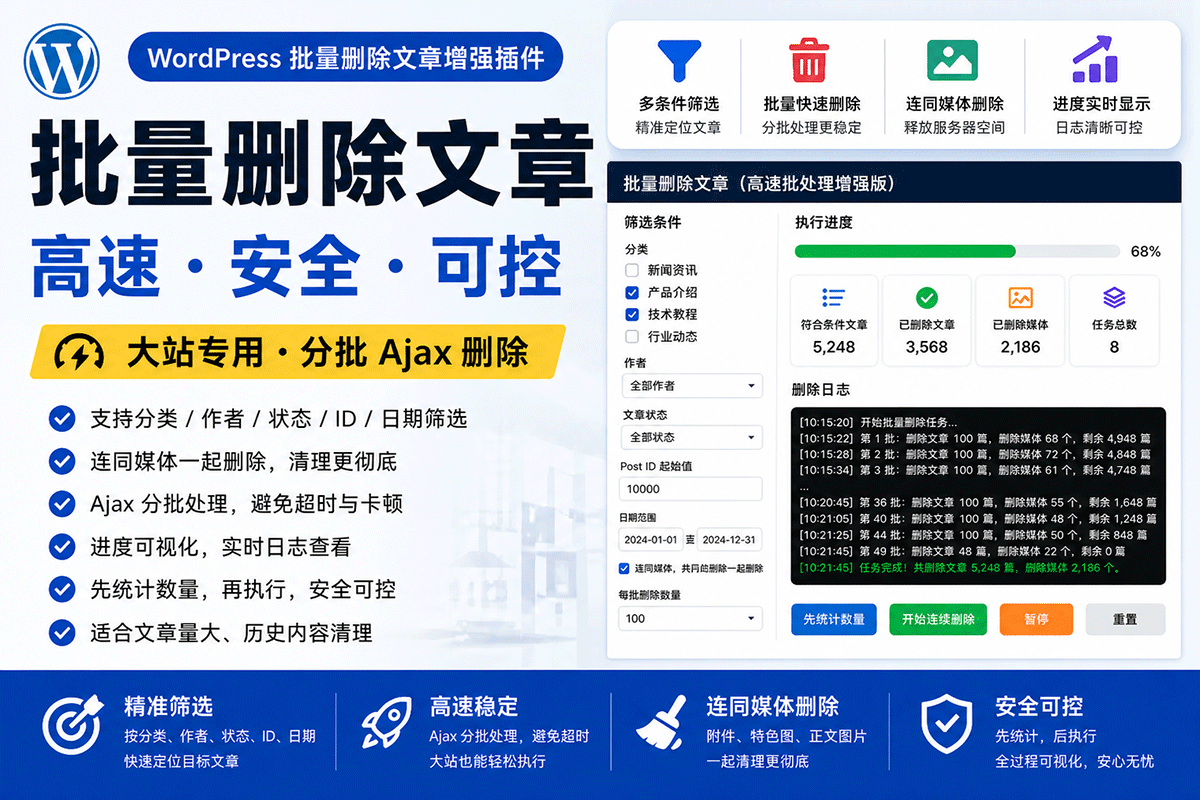 WordPress批量删除文章插件WP Bulk Post Delete Fast，支持筛选，更快、更稳、更适合大站