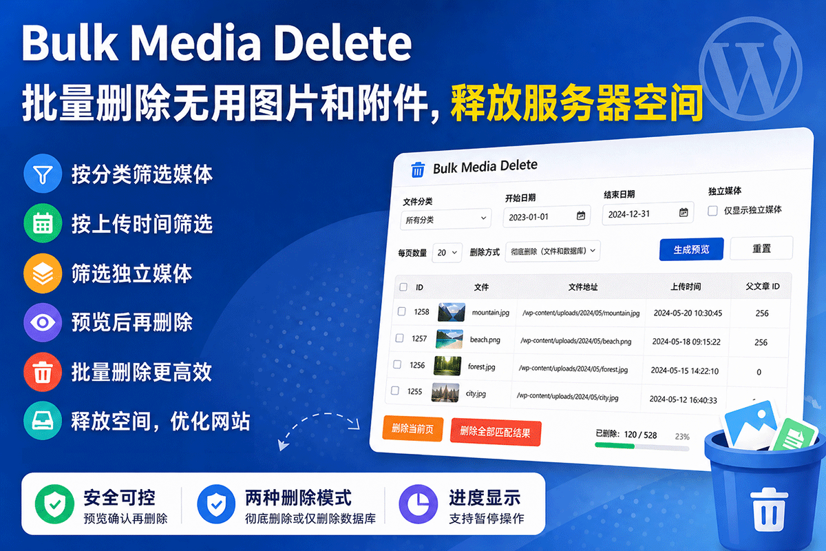 WordPress媒体库批量删除插件Bulk Media Delete，快速清理无用图片附件