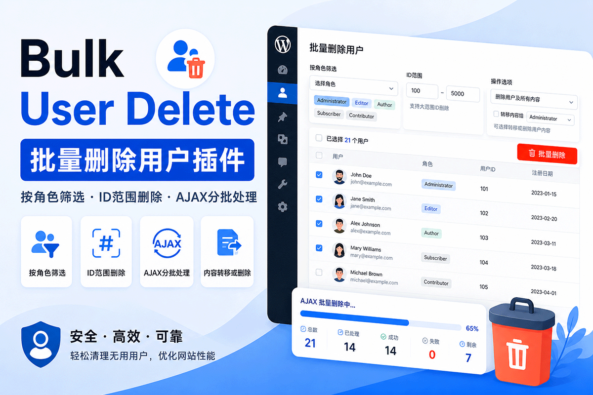 WordPress批量删除用户插件Bulk User Delete，支持角色筛选与AJAX分批删除