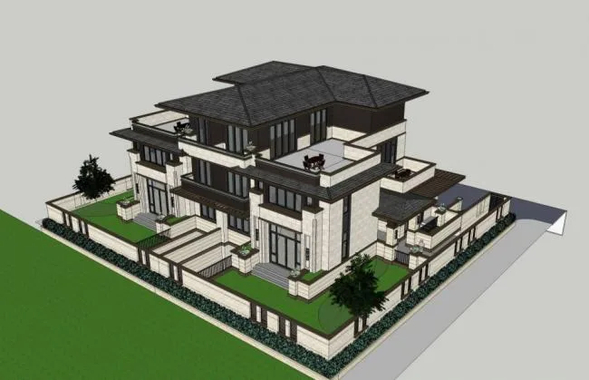 Sketchup别墅模型|多层住宅，居住建筑，双拼别墅，草原风格