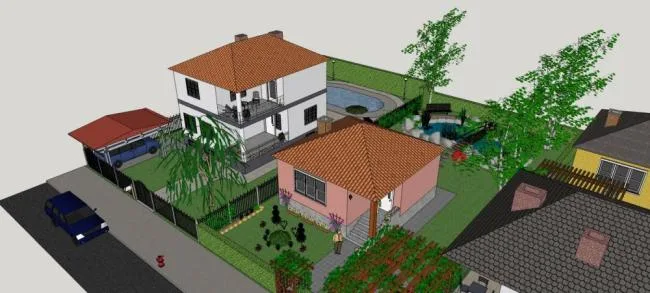Sketchup别墅模型|居住建筑，独栋别墅，美式，坡屋顶，庭院别墅
