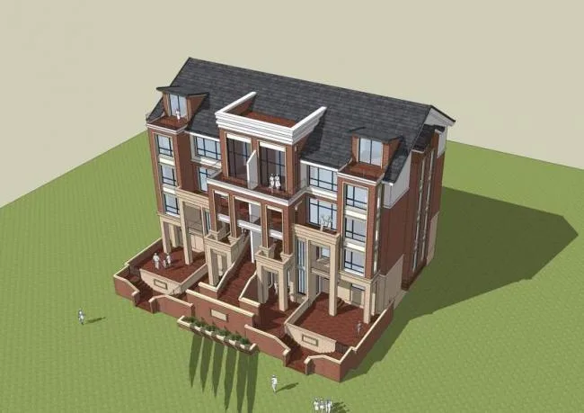 Sketchup别墅模型|双拼别墅，新中式风格