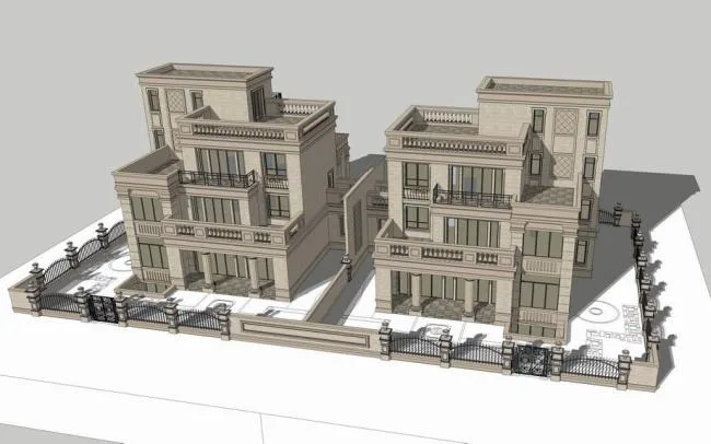 Sketchup别墅模型|双拼别墅，新古典风格，简欧式别墅