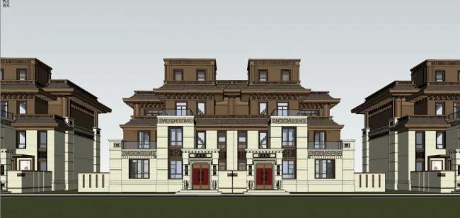 Sketchup别墅模型|联排别墅，中式风格，居住建筑