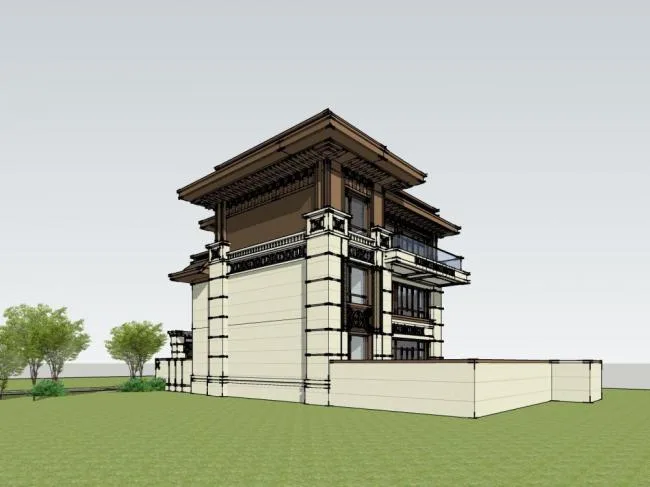 Sketchup别墅模型|联排别墅，中式风格，居住建筑
