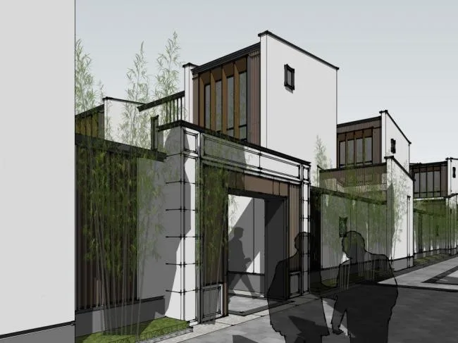 Sketchup别墅模型|联排别墅，新中式风格，东方新古典