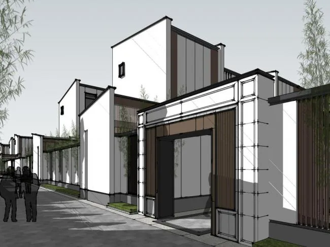 Sketchup别墅模型|联排别墅，新中式风格，东方新古典
