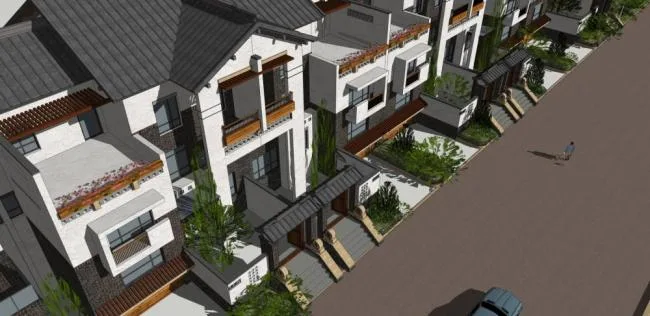 Sketchup别墅模型|联排别墅，新中式风格，居住建筑