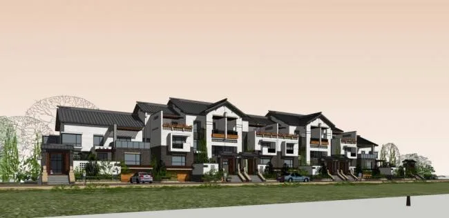 Sketchup别墅模型|联排别墅，新中式风格，居住建筑