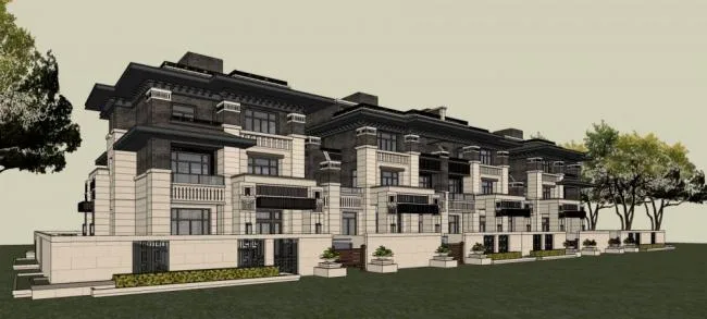Sketchup别墅模型|联排别墅，赖特，新中式，居住建筑