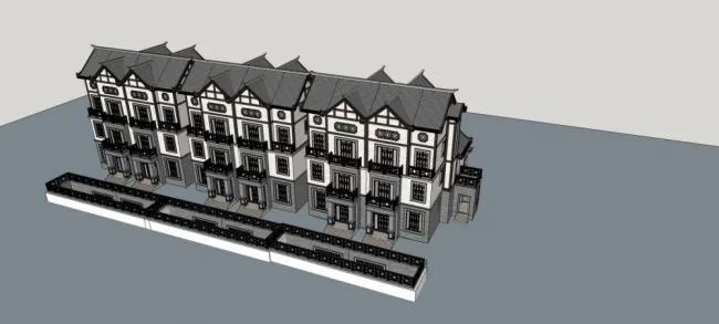 Sketchup别墅模型|联排别墅，多层，中式风格，居住建筑