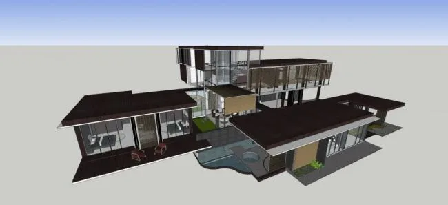 Sketchup别墅模型|独栋别墅，新中式风格