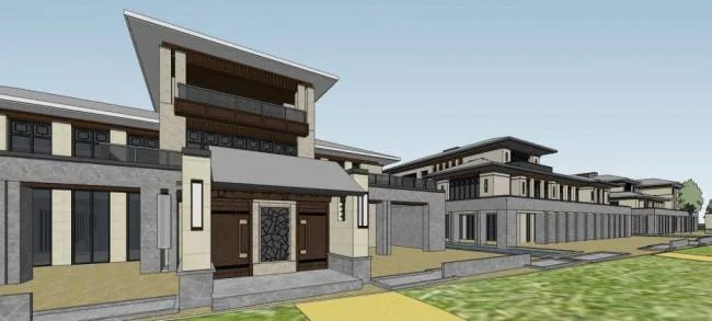 Sketchup别墅模型|沿湖别墅群，中式风格，多层居住建筑，独栋别墅