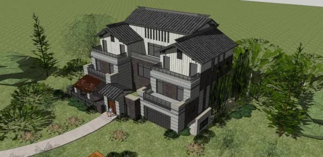 Sketchup别墅模型|独栋别墅，新中式风格