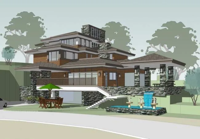Sketchup别墅模型|山地别墅，中式风格，草原风