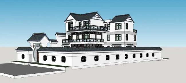 Sketchup别墅模型|庭院别墅，中式风格