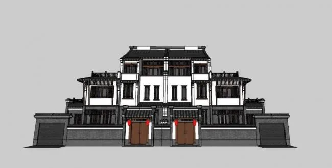 Sketchup别墅模型|中式风格，徽派坡顶,，双拼别墅