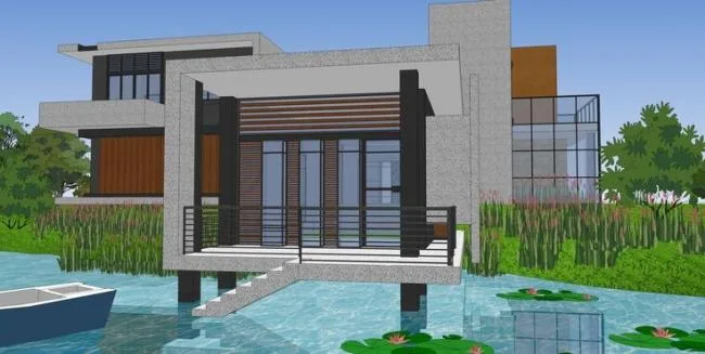 Sketchup别墅模型|山地临湖别墅，现代风格