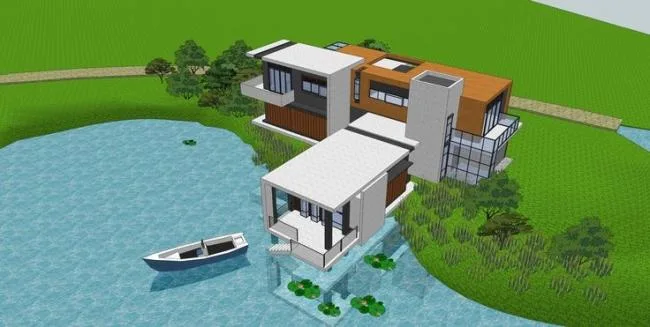 Sketchup别墅模型|山地临湖别墅，现代风格