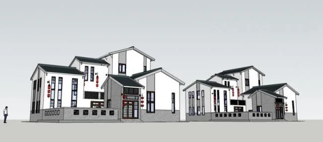 Sketchup别墅模型|坡顶院墅，独栋别墅，中式风格