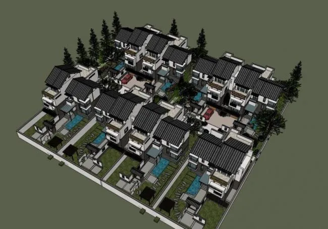 Sketchup别墅模型|徽派，坡顶别墅院墅，联排别墅，中式风格