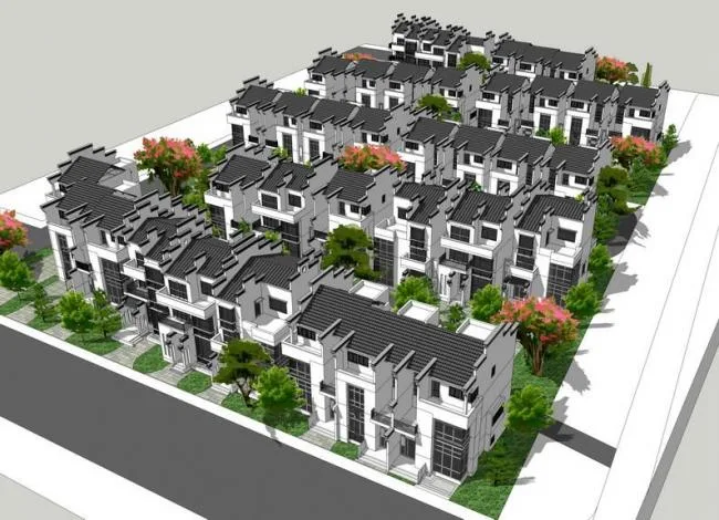 Sketchup别墅模型|联排别墅，中式风格