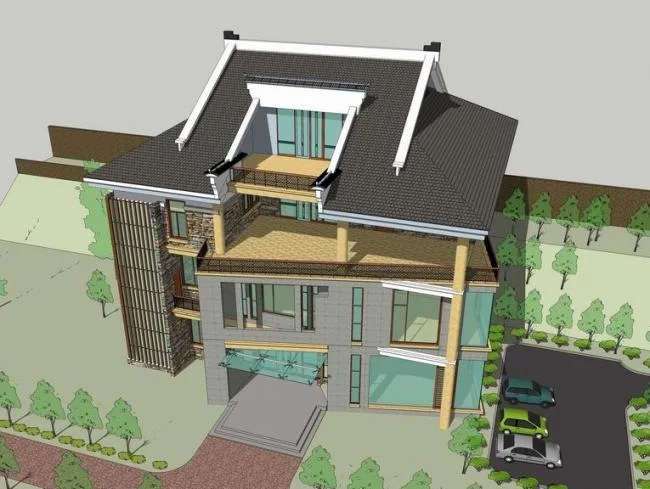 Sketchup别墅模型|农村别墅，独栋别墅，中式风格