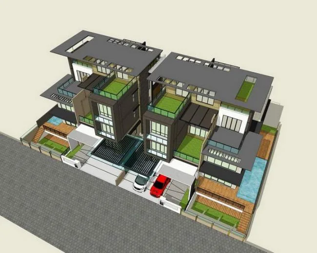 Sketchup别墅模型|双拼别墅，现代风格