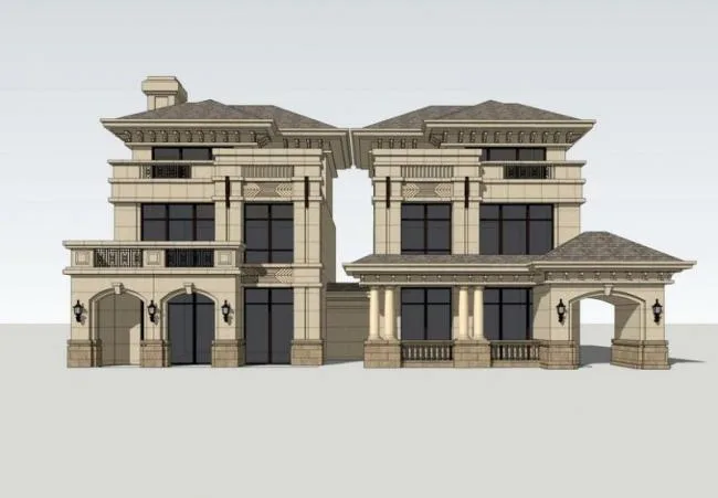 Sketchup别墅模型|双拼别墅，法式风格