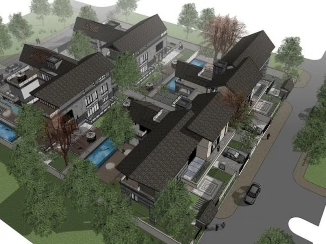 Sketchup别墅模型|联排别墅，中式风格