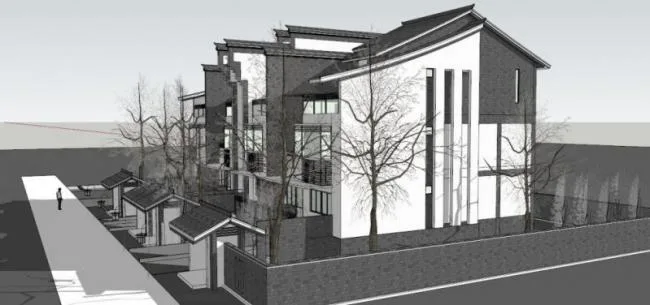 Sketchup别墅模型|联排别墅，徽派民居风格