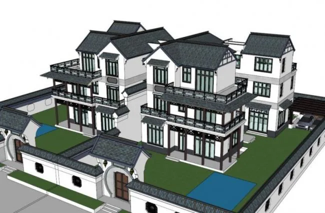 Sketchup别墅模型|徽派双拼别墅，现代中式风格