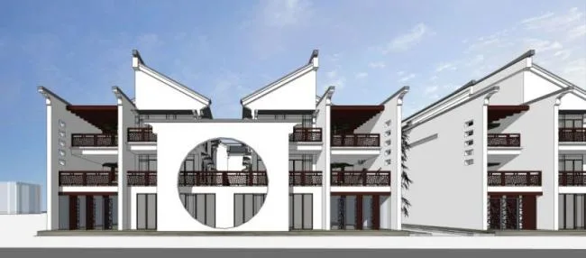 Sketchup别墅模型|联排别墅，庭院，中式风格