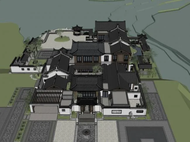 Sketchup别墅模型|叠拼别墅，中式风格