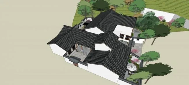 Sketchup别墅模型|叠拼别墅，中式风格