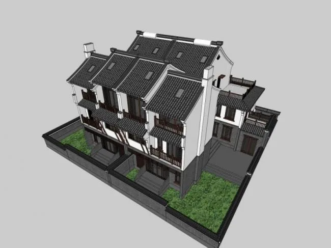 Sketchup别墅模型|双拼别墅，现代中式风格