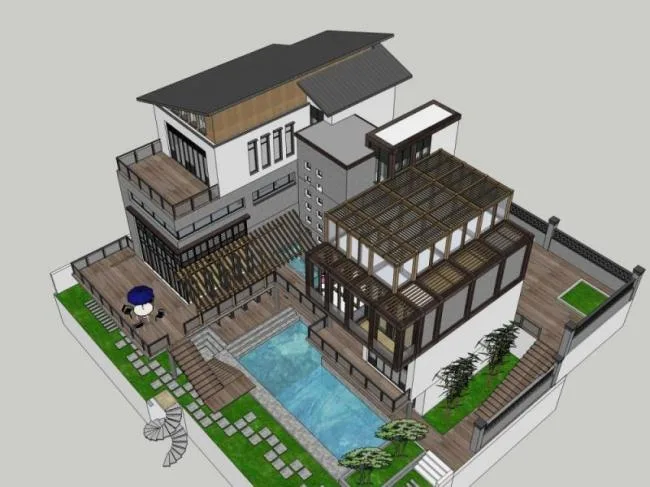 Sketchup别墅模型|叠拼别墅，现代风格