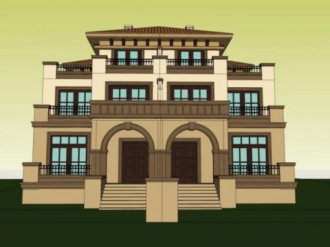 Sketchup别墅模型|双拼别墅，现代风格