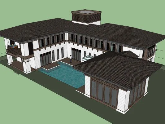 Sketchup别墅模型|独栋别墅，现代中式风格
