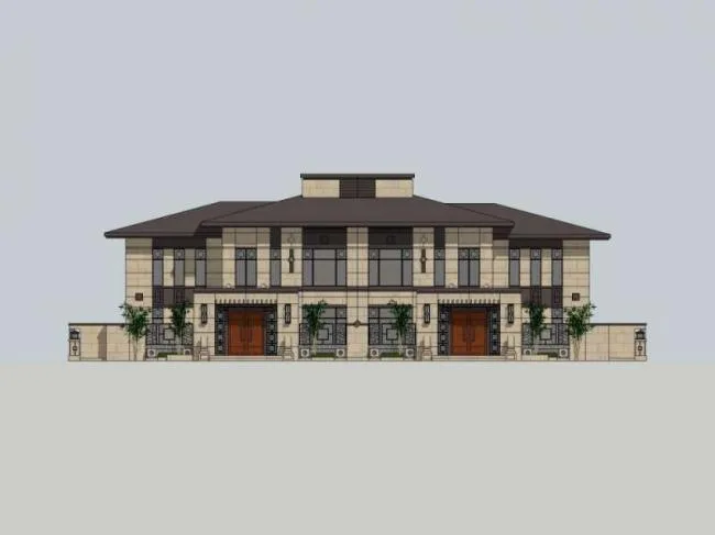 Sketchup别墅模型|双拼别墅，现代中式风格