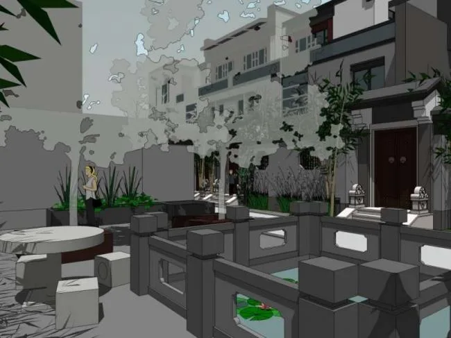 Sketchup别墅模型|联排别墅，中式风格