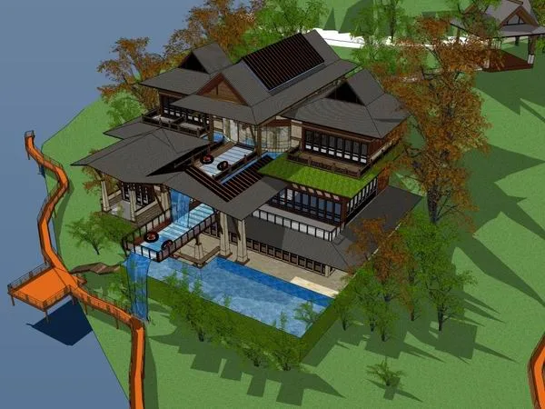 Sketchup别墅模型|独栋别墅，东南亚风格
