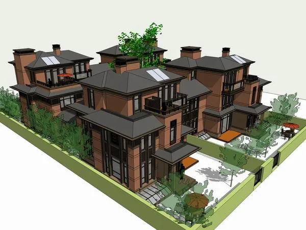 Sketchup别墅模型|四拼合院别墅群，古典风格