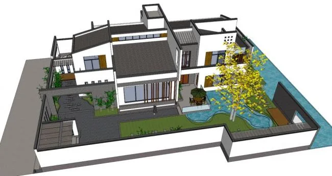 Sketchup别墅模型|独栋别墅，现代中式
