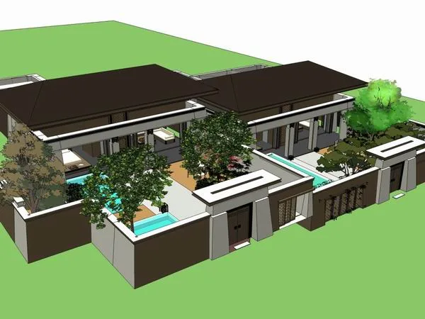 Sketchup别墅模型|叠拼别墅别院，古典风格