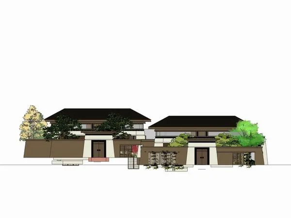 Sketchup别墅模型|叠拼别墅别院，古典风格