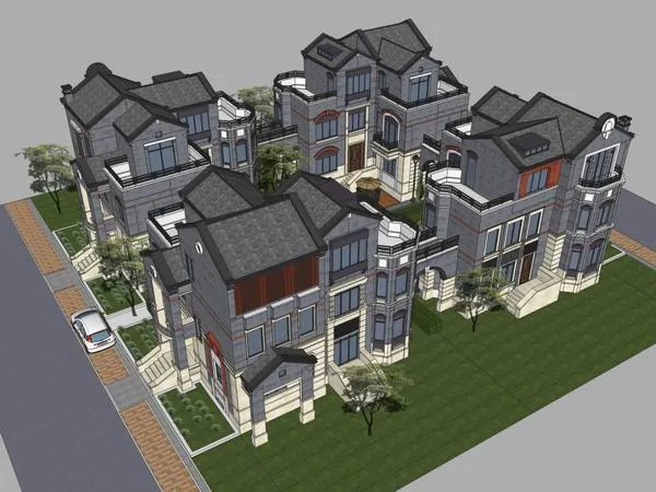 Sketchup别墅模型|双拼别墅合院，古典风格