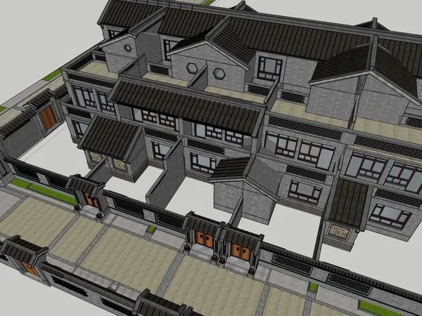 Sketchup别墅模型|中式联排别墅，古典风格